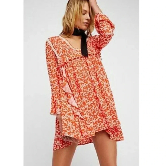 $128 FREE PEOPLE XS LIKE YOU BEST LONG SLEEVE MINI DRESS PRINT PAPRIKA ORANGE - Picture 1 of 16
